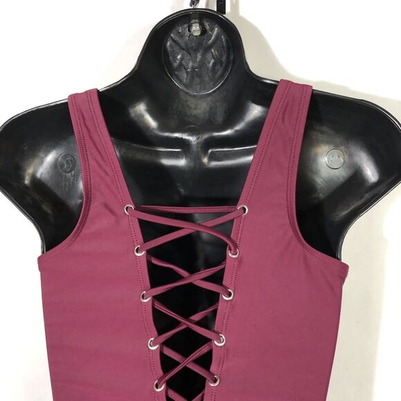 Bebe Lace Back Rhinestone Swimsuit Small Burgundry Wine Red Crystal Y2K Retro - Picture 2 of 12
